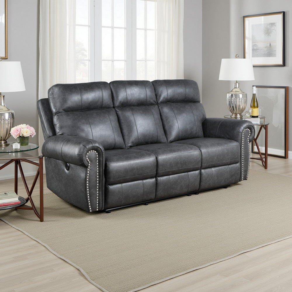 Ville 83 Inch Power Double Recliner Sofa, USB Charging, Gray Faux Leather By Casagear Home