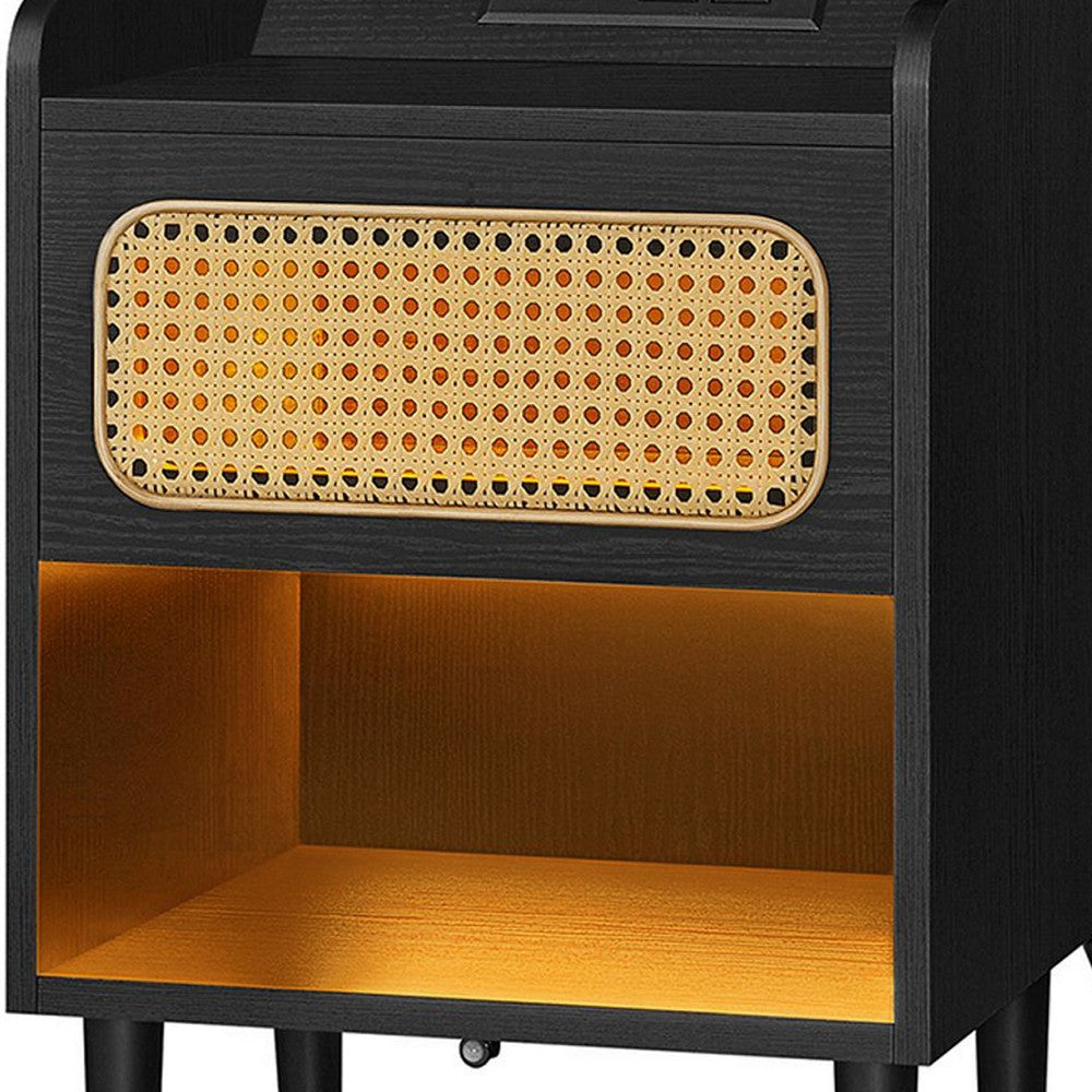 Ada 24 Inch Nightstand Woven Drawer and Light 1 Open Shelf Black By Casagear Home BM316378