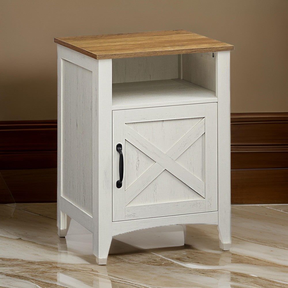 Eva 24 Inch Nightstand, 1 Barn Cabinet, Open Top Shelf, White and Brown By Casagear Home