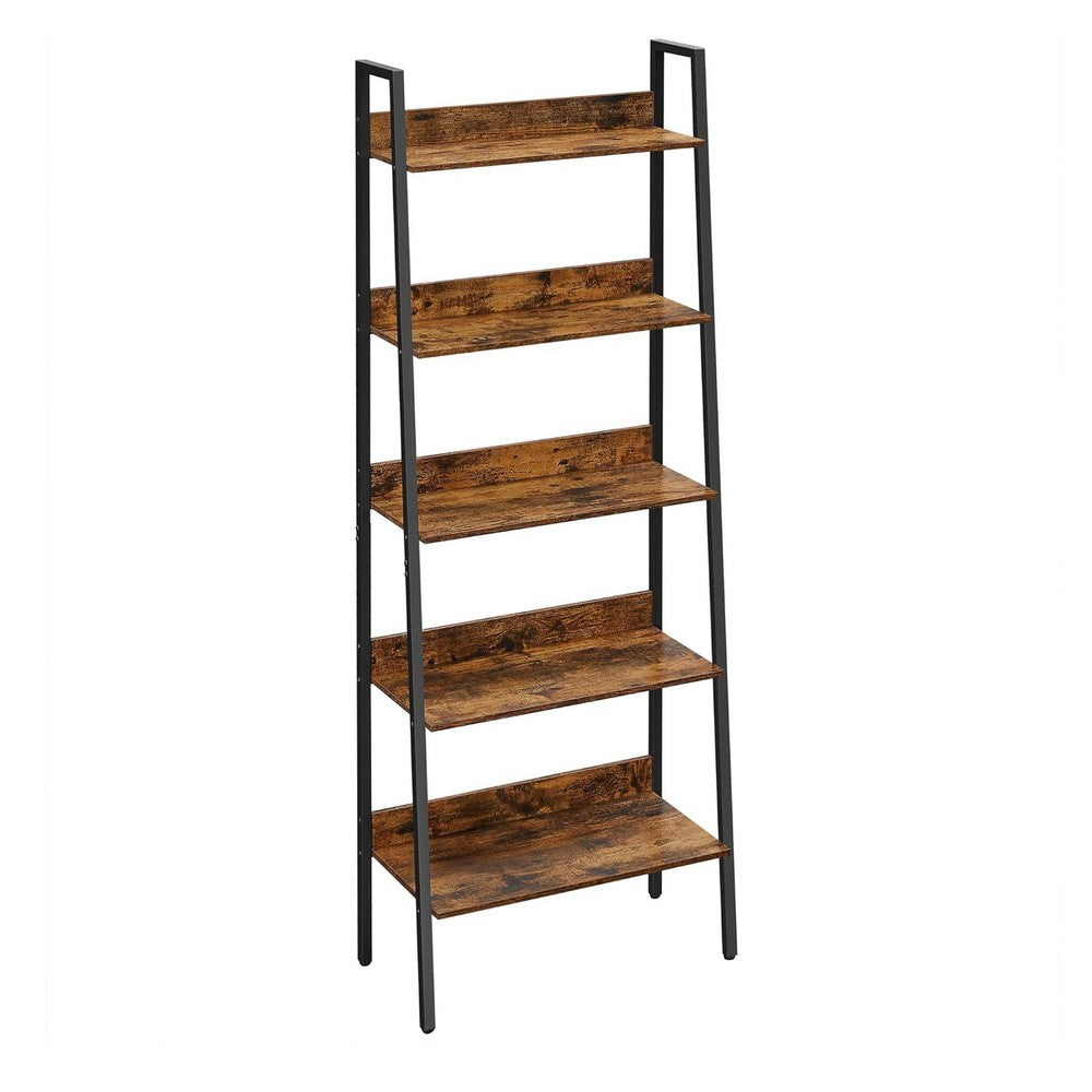 70 Inch Ladder Bookcase, 5 Tier Angled Wood Shelves, Black Iron Frame By Casagear Home