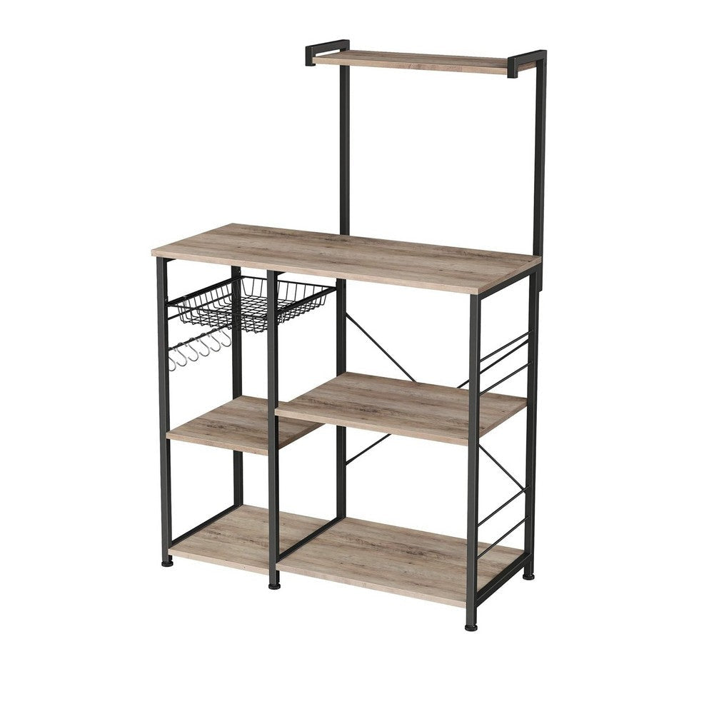 Elva 52 Inch Kitchen Rack 4 Tier Shelves Wire Basket Brown Wood Black By Casagear Home BM316391