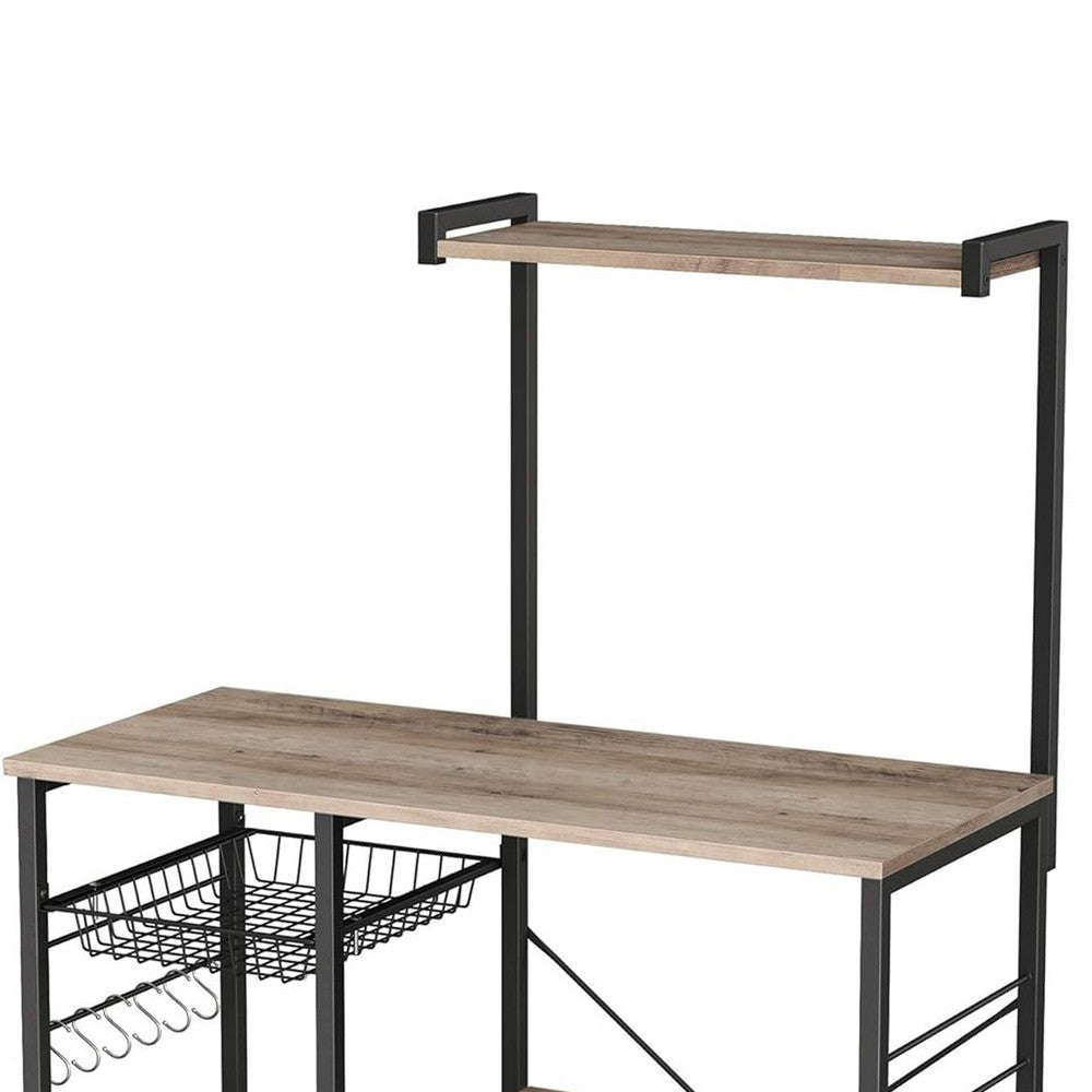 Elva 52 Inch Kitchen Rack, 4 Tier Shelves, Wire Basket, Brown Wood Black By Casagear Home