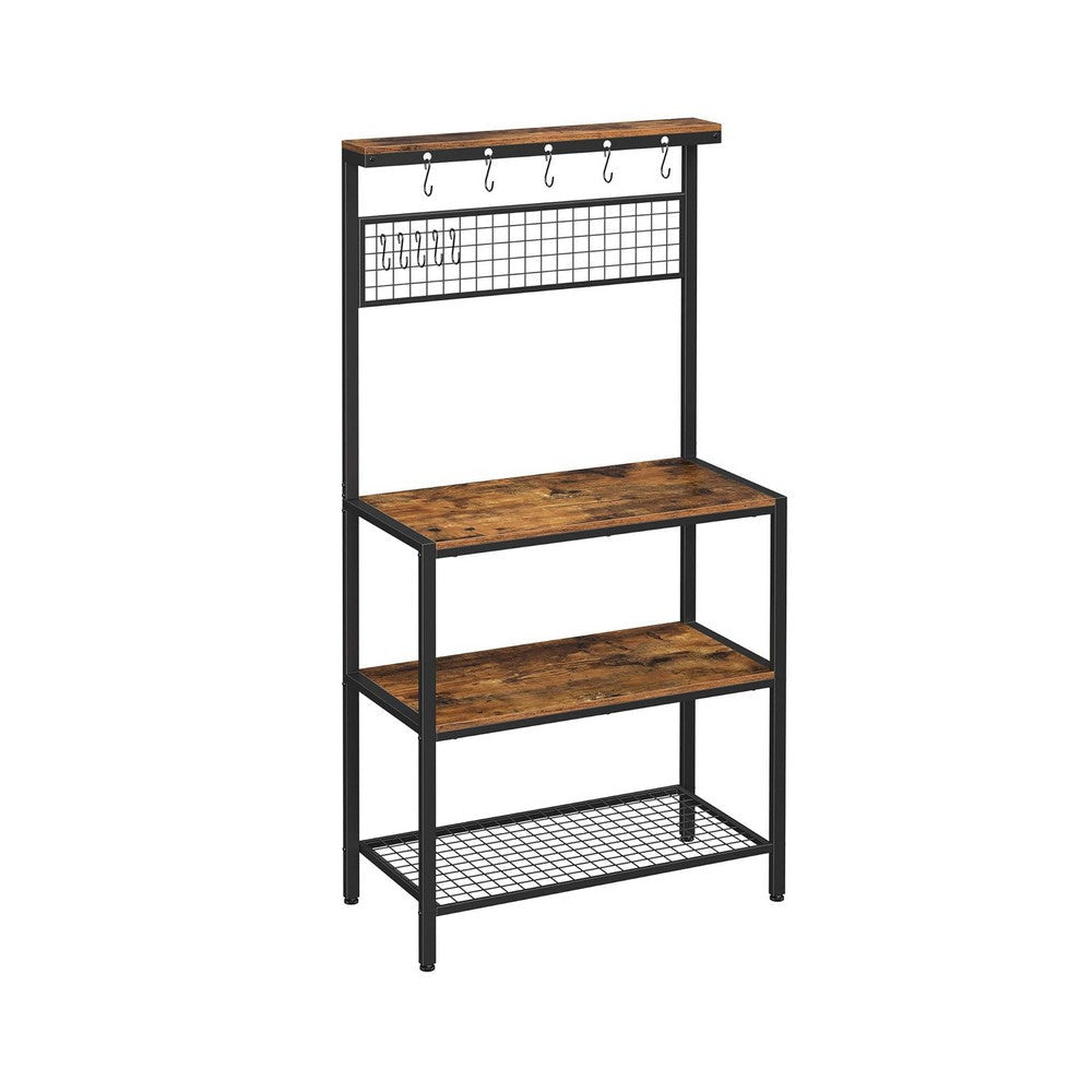 70 Inch Kitchen Baker Rack 3 Tier Shelf Grid Panel with Hooks Black Iron By Casagear Home BM316392