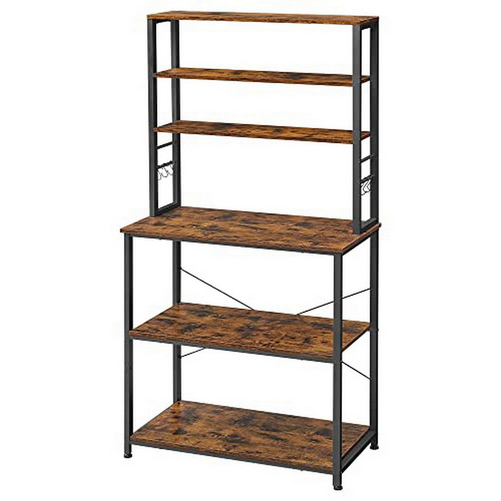 Gina 66 Inch Kitchen Baker Rack 6 Tier Light Brown Shelves Hooks Black By Casagear Home BM316395