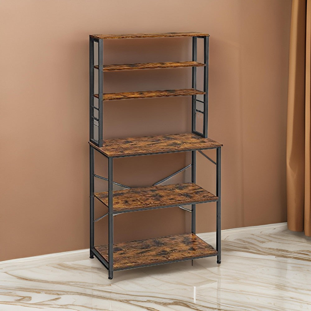 Gina 66 Inch Kitchen Baker Rack, 6 Tier Light Brown Shelves, Hooks, Black By Casagear Home