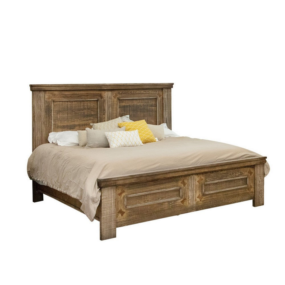 Maze Queen Size Bed, Farmhouse Panel Headboard, Natural Mango Wood Finish By Casagear Home