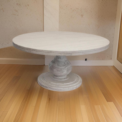Ian 63 Inch Dining Table, Round, Turned Pedestal Base, Classic Ivory Wood By Casagear Home