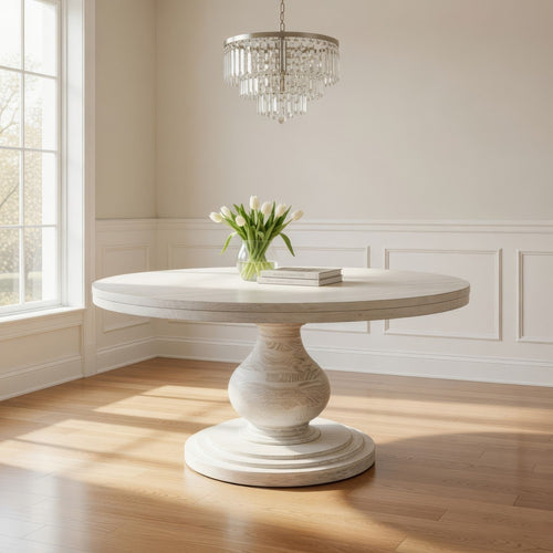 Ian 63 Inch Dining Table, Round, Turned Pedestal Base, Classic Ivory Wood By Casagear Home