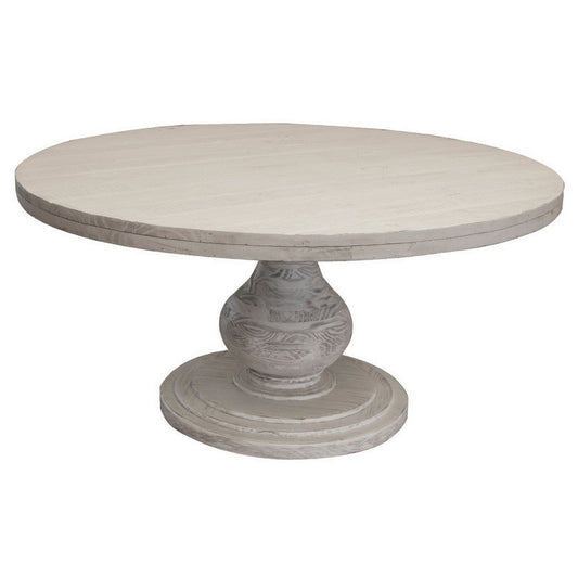 Ian 63 Inch Dining Table, Round, Turned Pedestal Base, Classic Ivory Wood By Casagear Home