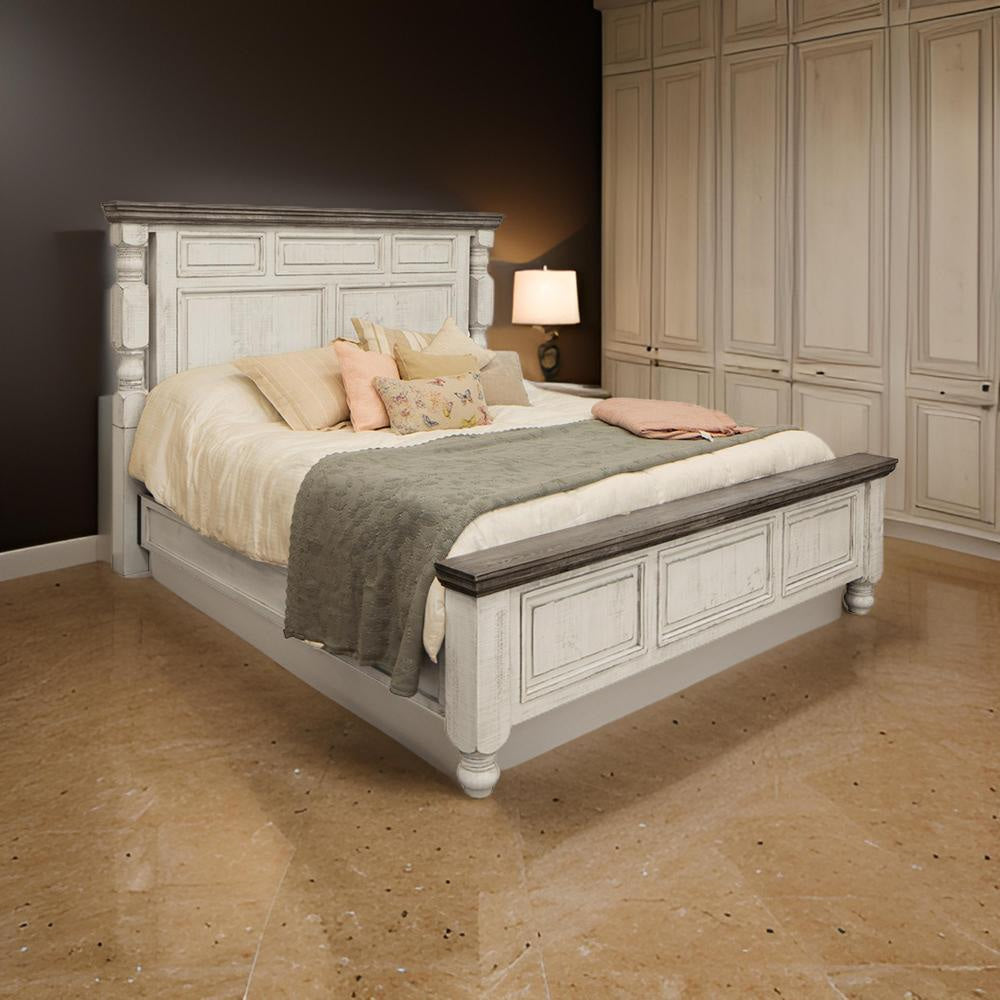 Sim California King Size Bed, Farmhouse Turned Headboard, Gray, Ivory White By Casagear Home