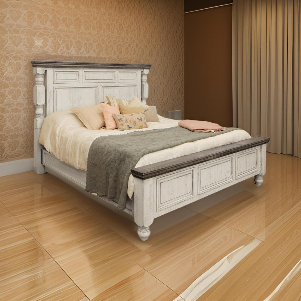 Sim Queen Size Bed, Farmhouse Turned Headboard, Gray Ivory White Pine Wood By Casagear Home