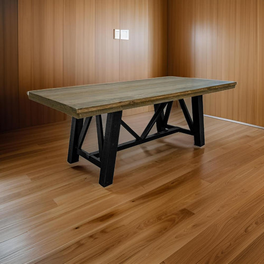 Pola 79 Inch Dining Table, Farmhouse Brown Rectangular Wood, Black Base By Casagear Home