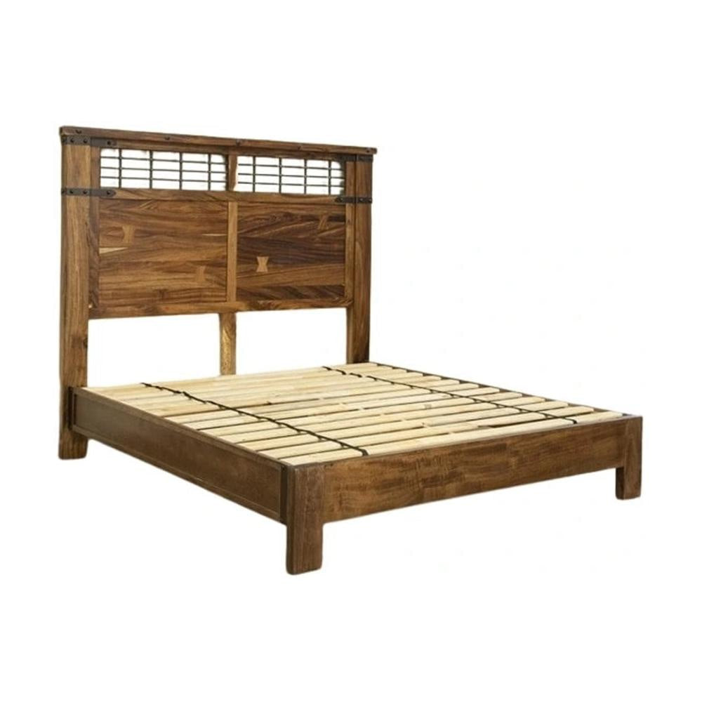 Umey California King Bed Tall Headboard Black Iron Brown Mango Wood By Casagear Home