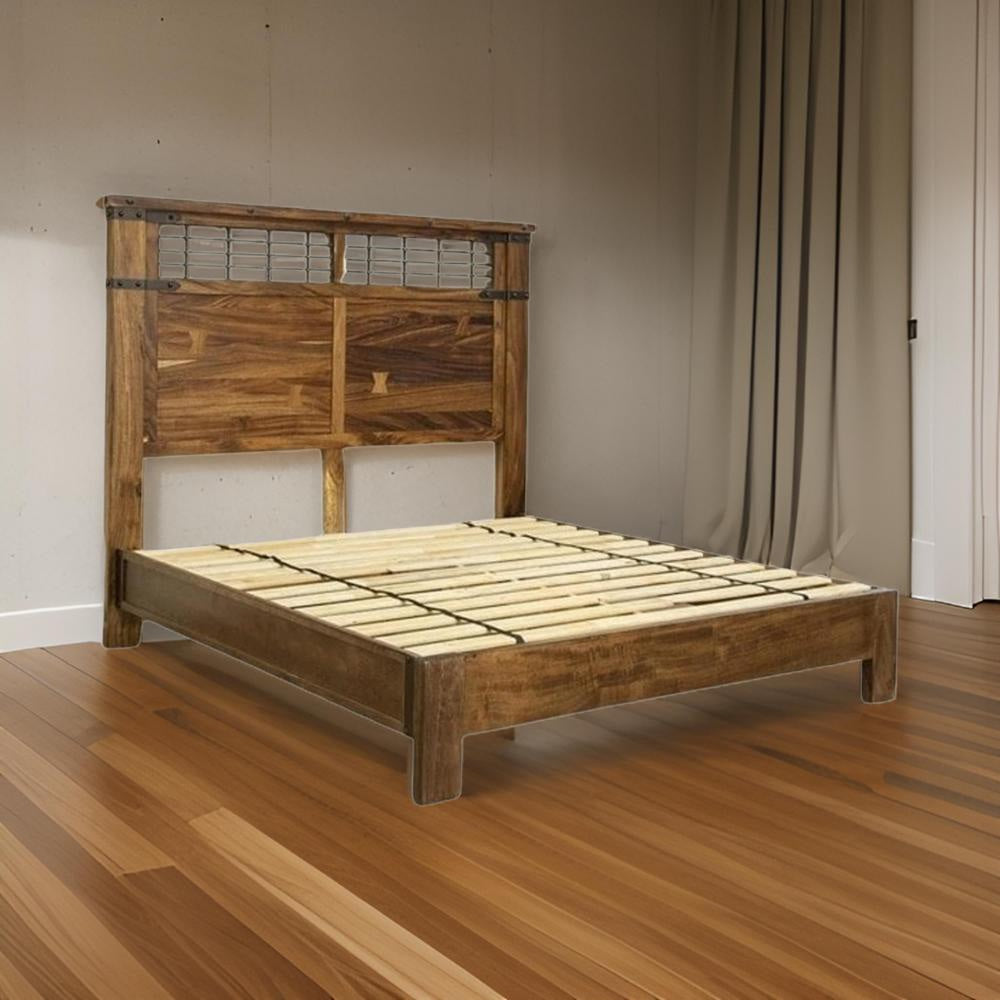 Umey California King Bed, Tall Headboard, Black Iron, Brown Mango Wood By Casagear Home