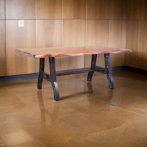 Umey 79 Inch Dining Table, Live Edge Brown Mango Wood, Black Angled Base By Casagear Home