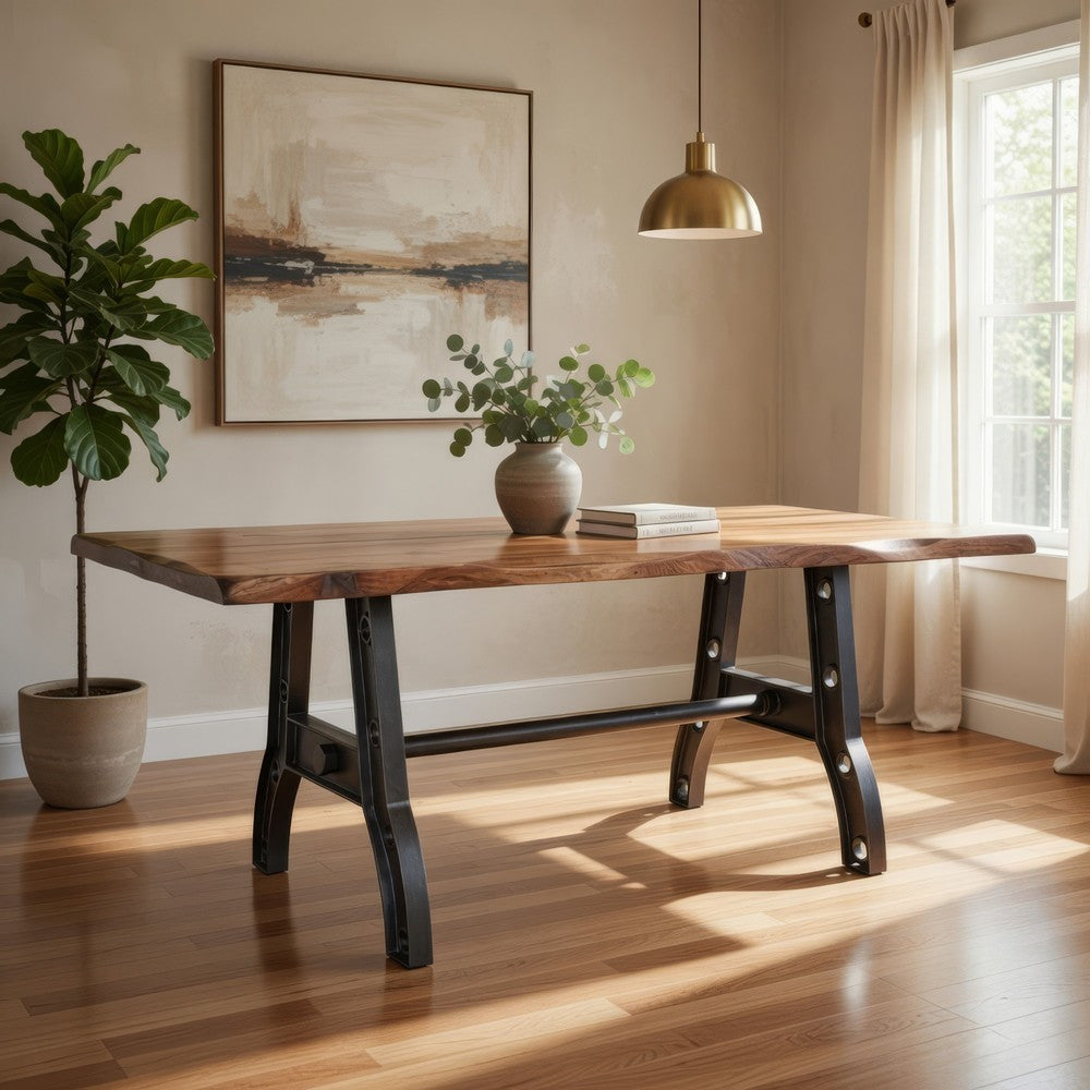 Umey 79 Inch Dining Table, Live Edge Brown Mango Wood, Black Angled Base By Casagear Home