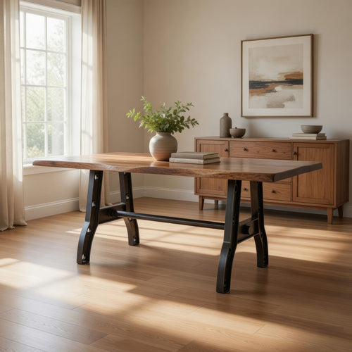 Umey 79 Inch Dining Table, Live Edge Brown Mango Wood, Black Angled Base By Casagear Home