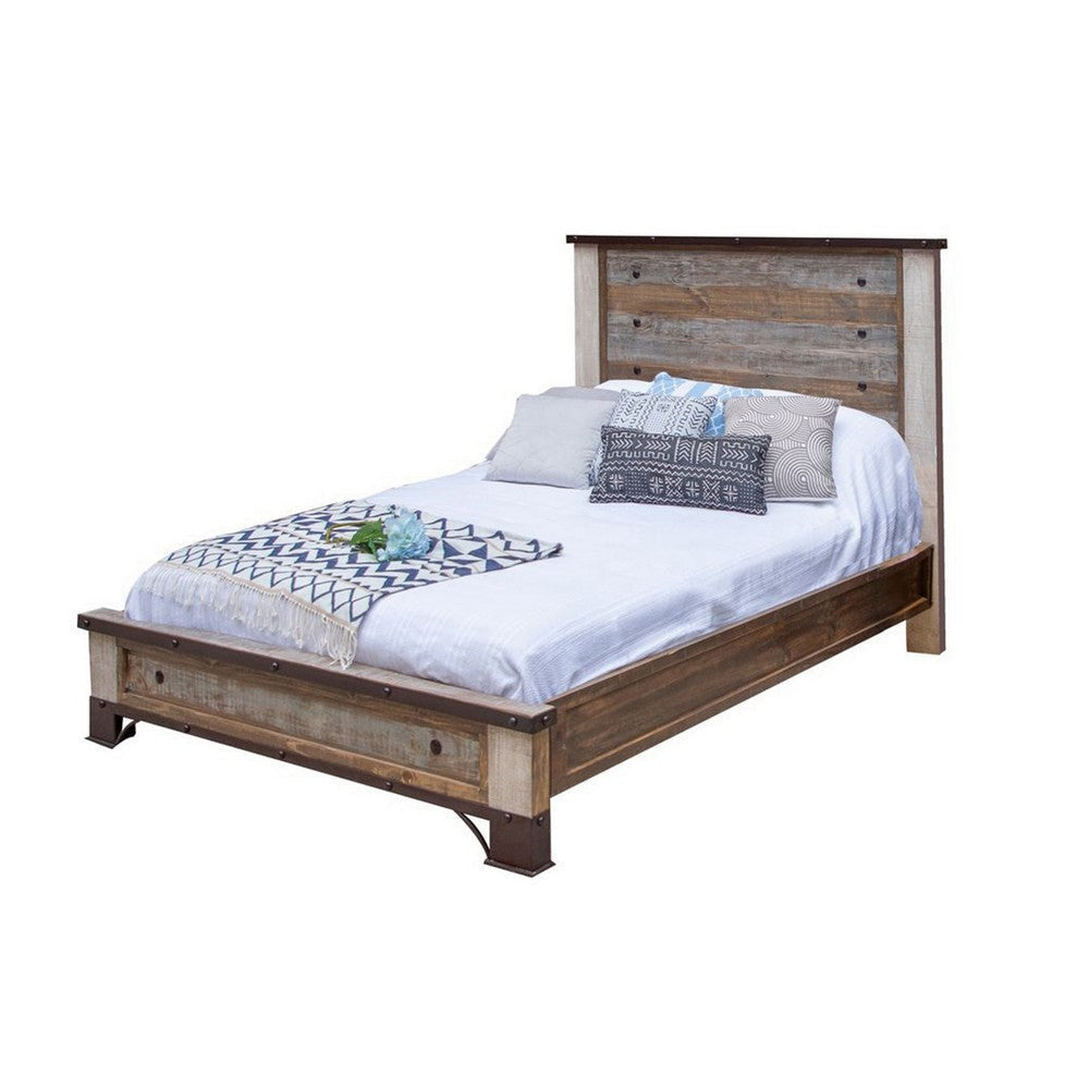 Fena California King Bed Rustic Panel Iron Nailhead Trim Brown Solid Wood By Casagear Home BM316416