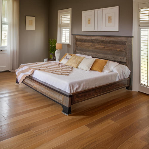 Amy King Size Bed, Raised Panel Headboard, Farmhouse Gray Brown Pine Wood By Casagear Home