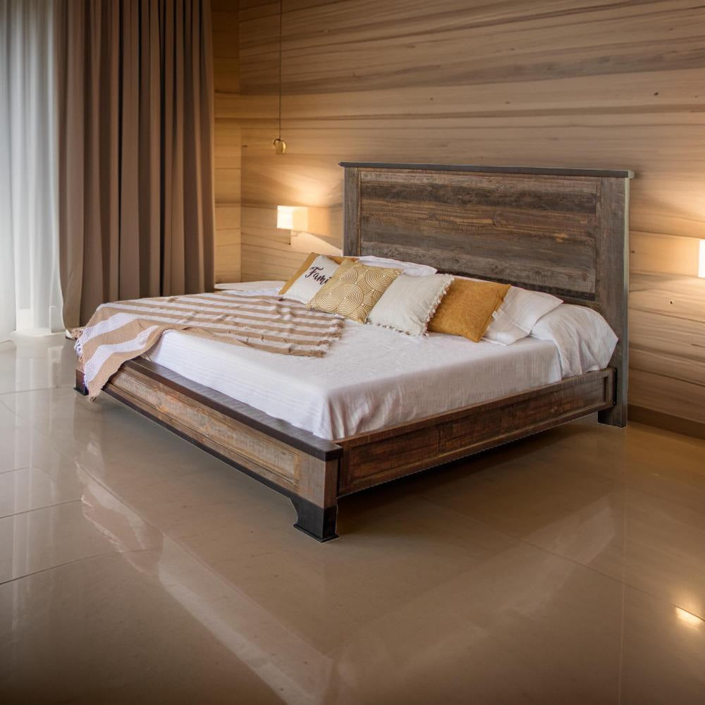 Amy Queen Size Bed, Raised Panel Headboard, Farmhouse Gray Brown Pine Wood By Casagear Home