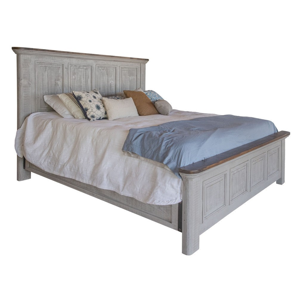 Fin King Size Bed, Farmhouse Gray Panel Headboard, Brown Accent Wood Top By Casagear Home