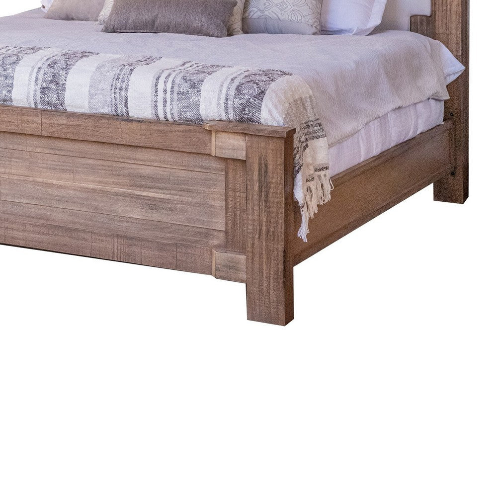 Gin King Size Bed White Upholstered Headboard Farmhouse Brown Mango Wood By Casagear Home BM316429