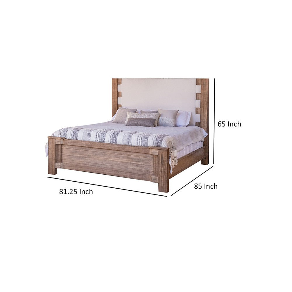 Gin King Size Bed White Upholstered Headboard Farmhouse Brown Mango Wood By Casagear Home BM316429