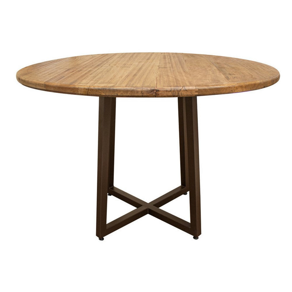 Asic 47 Inch Dining Table, Brown Mango Wood Round Top, Cross Metal Base By Casagear Home