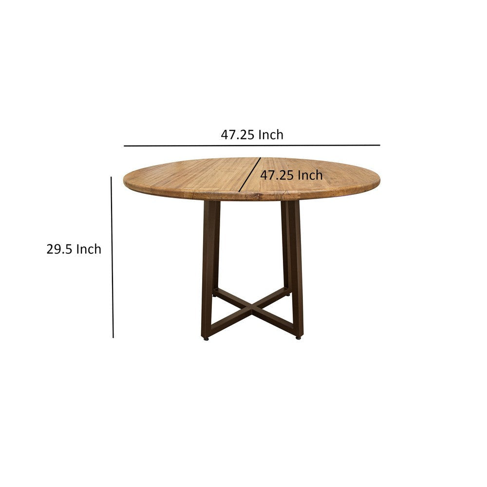 Asic 47 Inch Dining Table Brown Mango Wood Round Top Cross Metal Base By Casagear Home BM316431