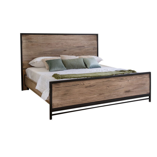 Piel King Size Bed, Panel Headboard, Black Accent Frame, Brown Mango Wood By Casagear Home