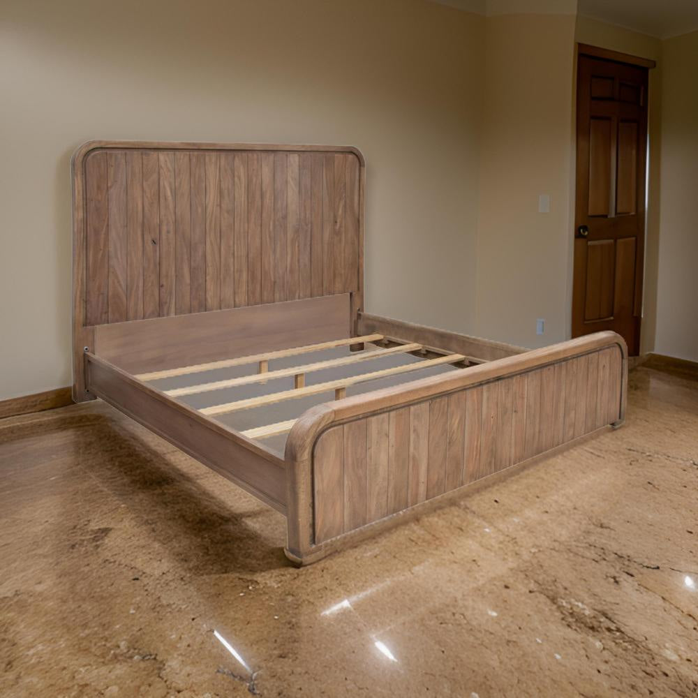 Okai King Bed, Vertical Lines, Round Edge Panel Headboard, Brown Solid Wood By Casagear Home