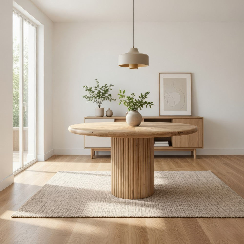 Izya 54 Inch Dining Table, Slatted Round Column Base, Brown Oak Wood Top By Casagear Home