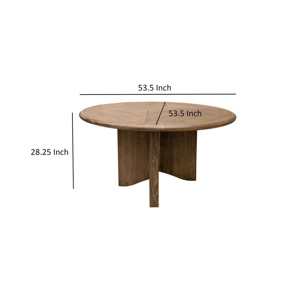 Loe 54 Inch Dining Table Cross Base Round Top Solid Wood Brown Oak Veneer By Casagear Home BM316443