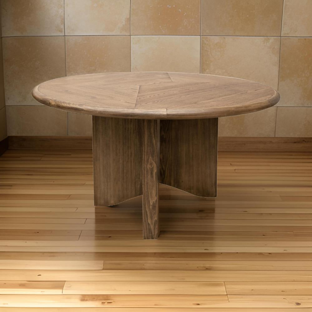 Loe 54 Inch Dining Table, Cross Base Round Top, Solid Wood Brown Oak Veneer By Casagear Home