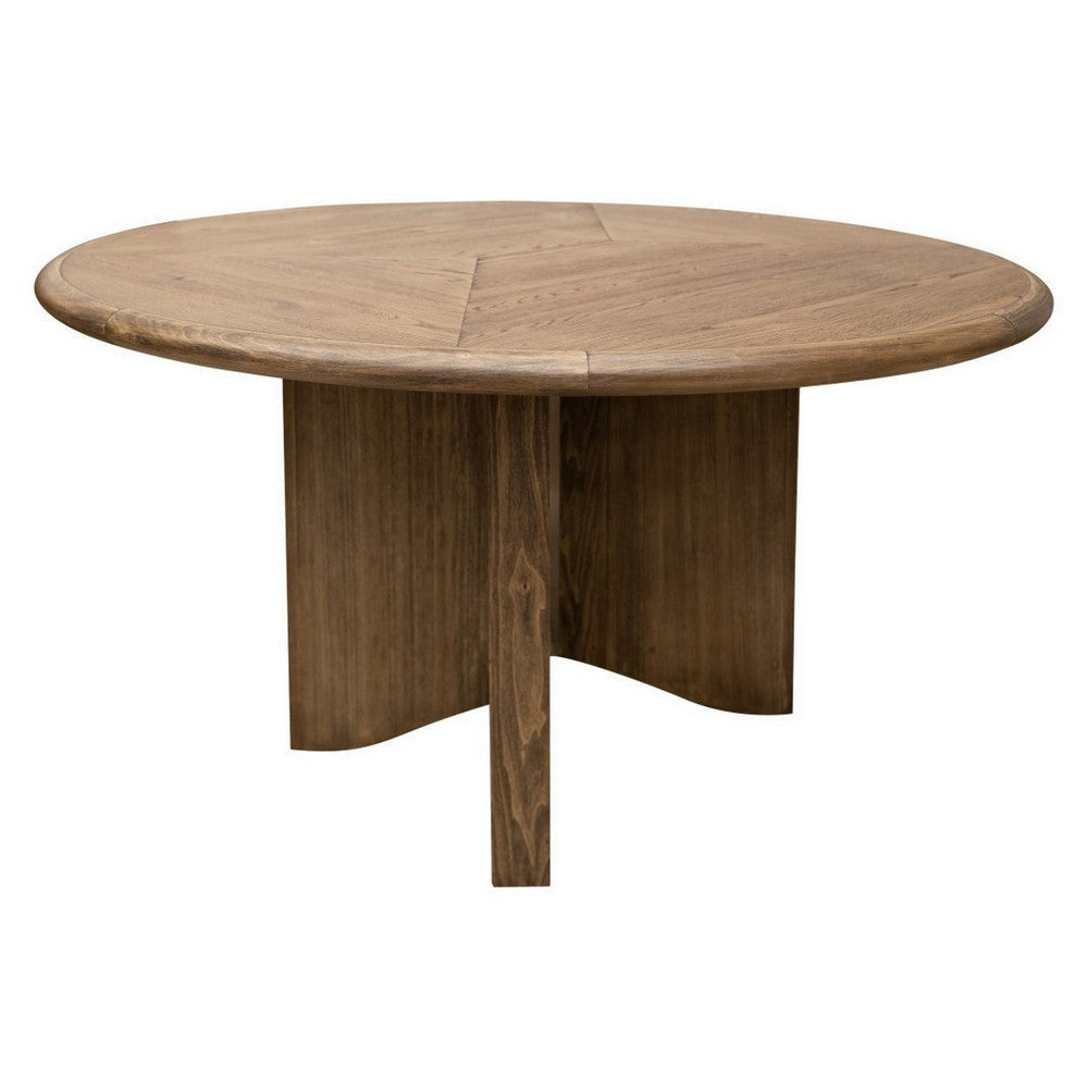 Loe 54 Inch Dining Table, Cross Base Round Top, Solid Wood Brown Oak Veneer By Casagear Home