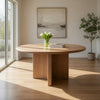 Loe 54 Inch Dining Table, Cross Base Round Top, Solid Wood Brown Oak Veneer By Casagear Home