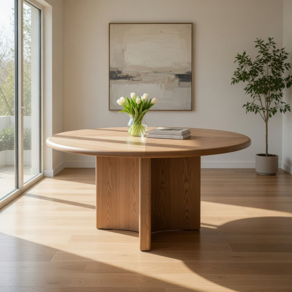Loe 54 Inch Dining Table, Cross Base Round Top, Solid Wood Brown Oak Veneer By Casagear Home