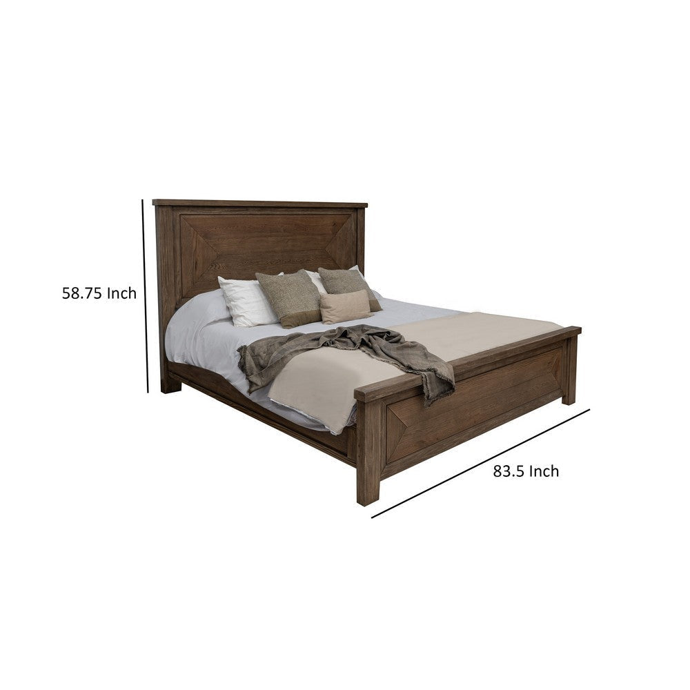 Loe King Size Bed Raised Panel Headboard Farmhouse Style Brown Oak Veneer By Casagear Home BM316444