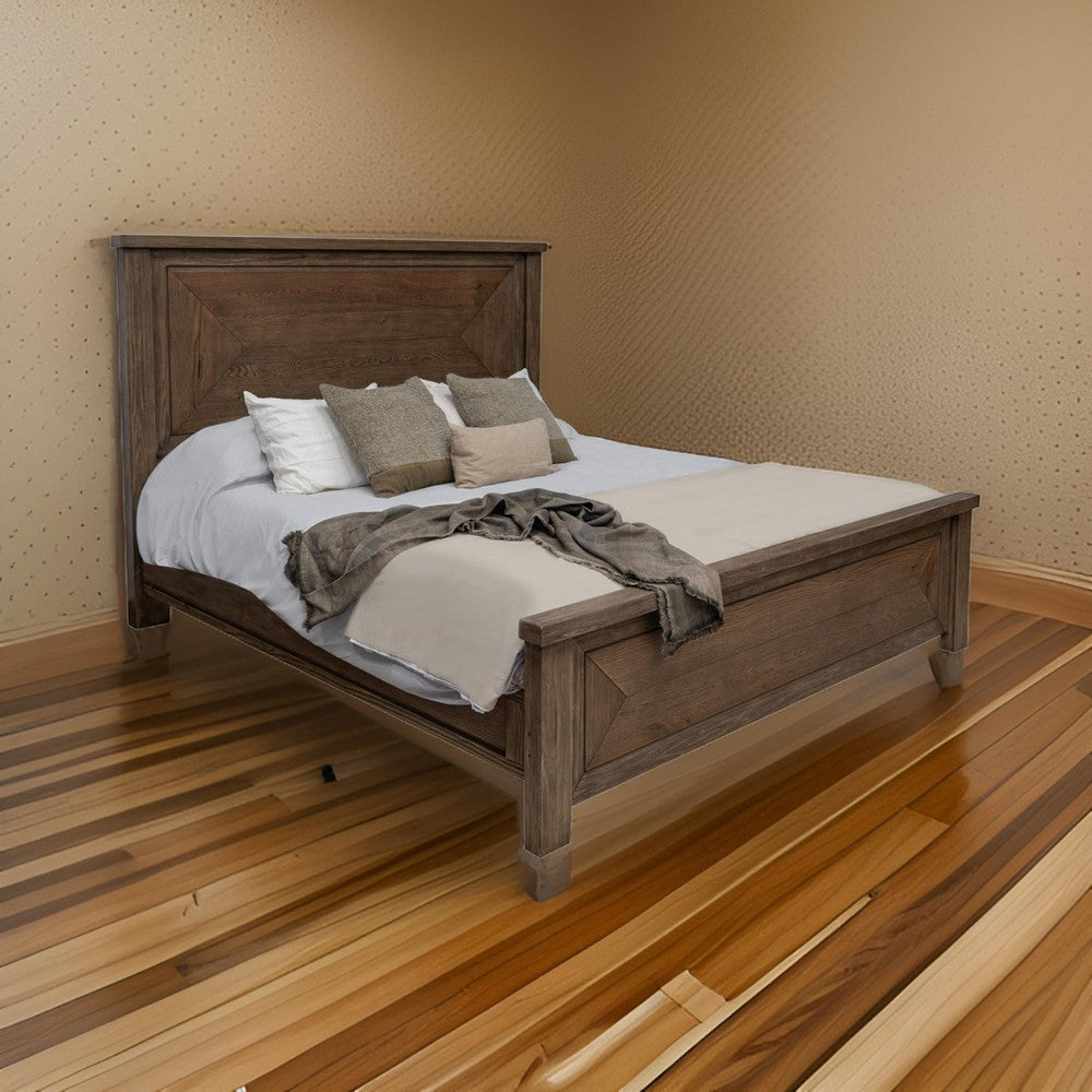 Loe King Size Bed Raised Panel Headboard Farmhouse Style Brown Oak Veneer By Casagear Home BM316444