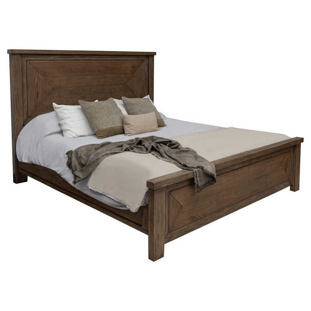 Loe Queen Size Bed, Raised Panel Headboard, Farmhouse Brown Oak Veneer By Casagear Home