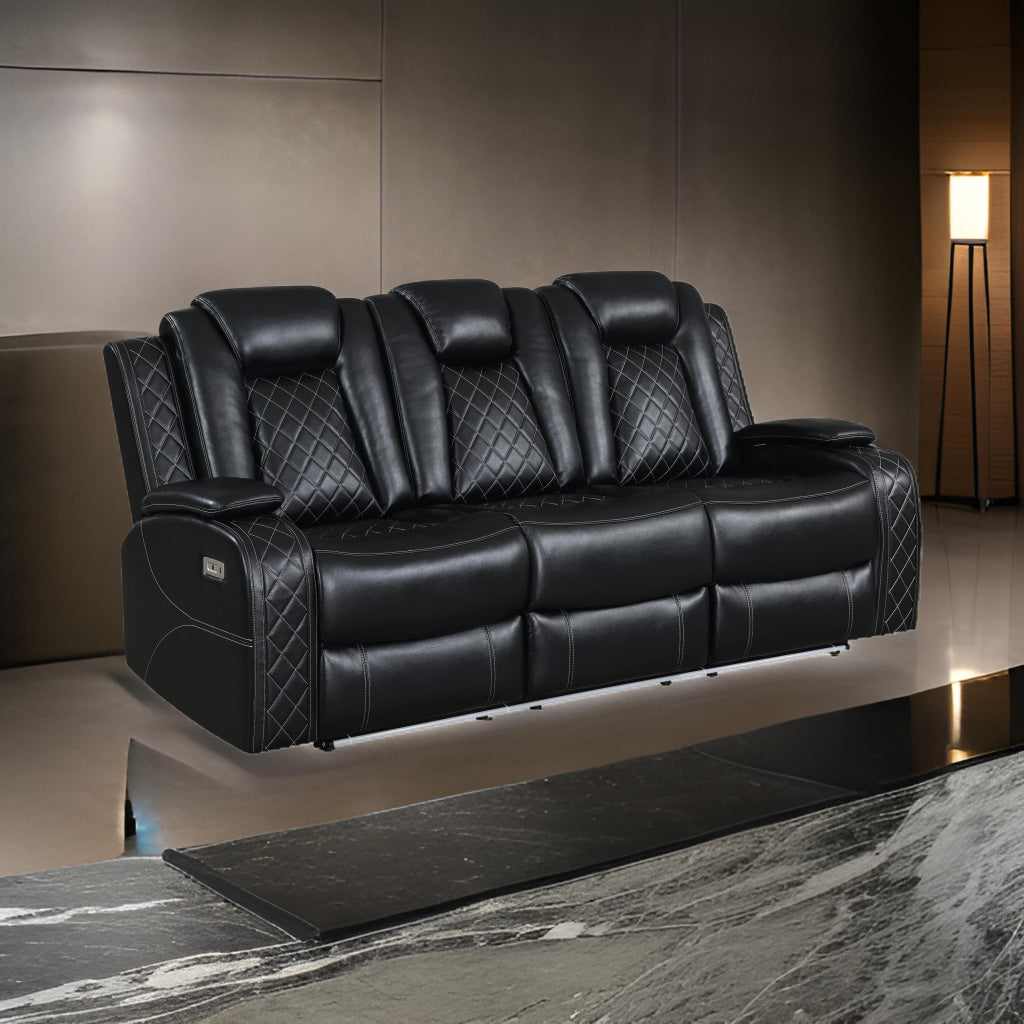 Nova Luxury Power Recliner Sofa, Drop Down Tray, Speakers, USB, Black By Casagear Home