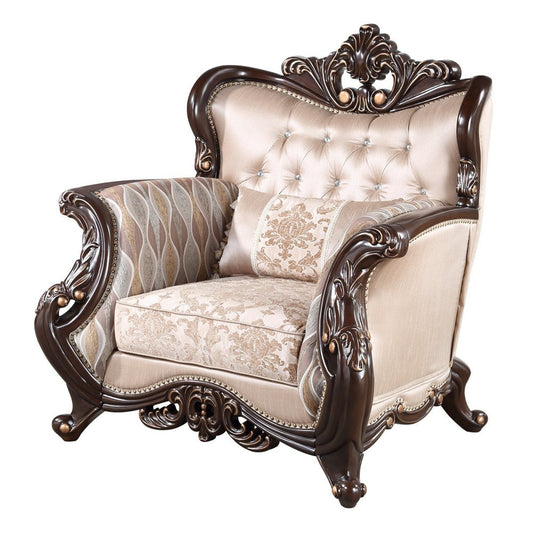 Cona 39 Inch Accent Chair, Gold Carved Details, Brown, Button Tufted Beige By Casagear Home