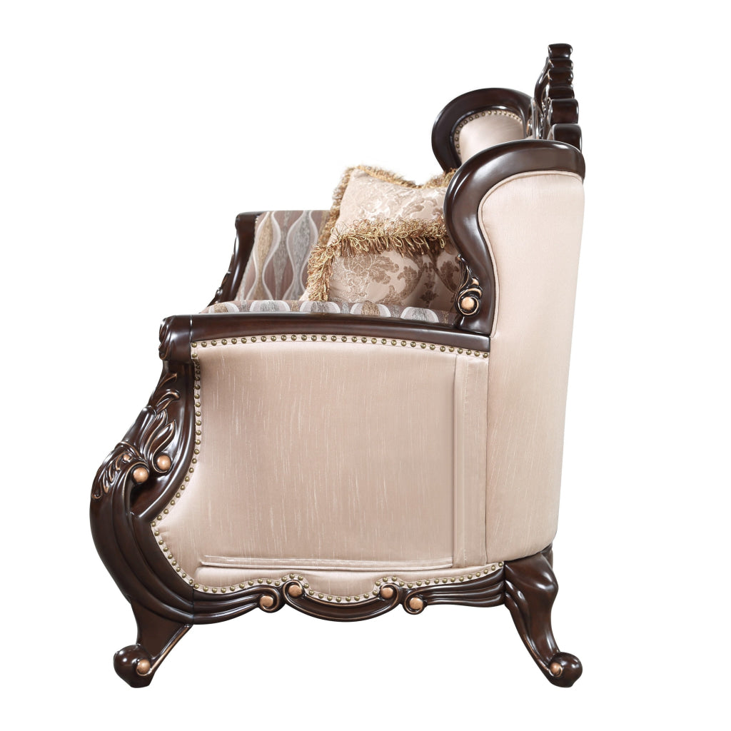 Cona 70 Inch Loveseat Gold Carved Details Brown Button Tufted Beige By Casagear Home BM316471