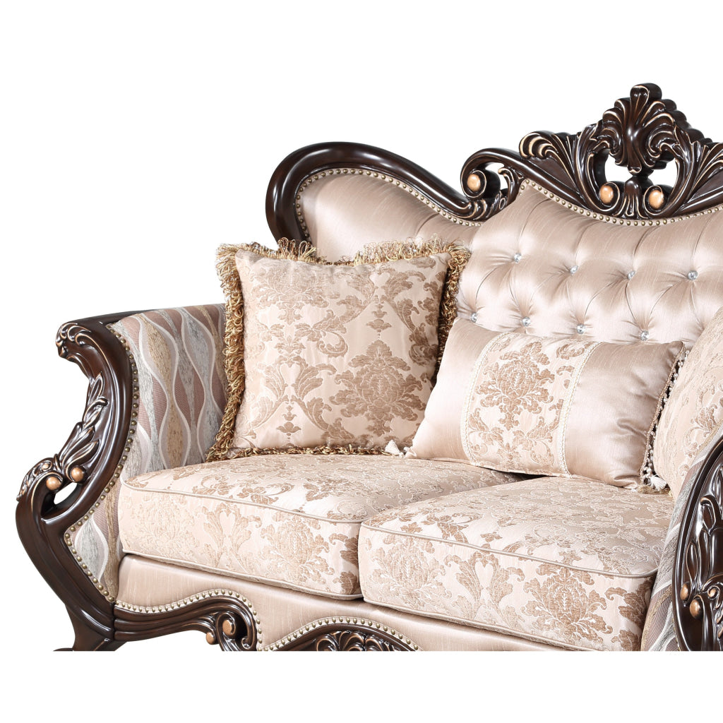 Cona 70 Inch Loveseat Gold Carved Details Brown Button Tufted Beige By Casagear Home BM316471