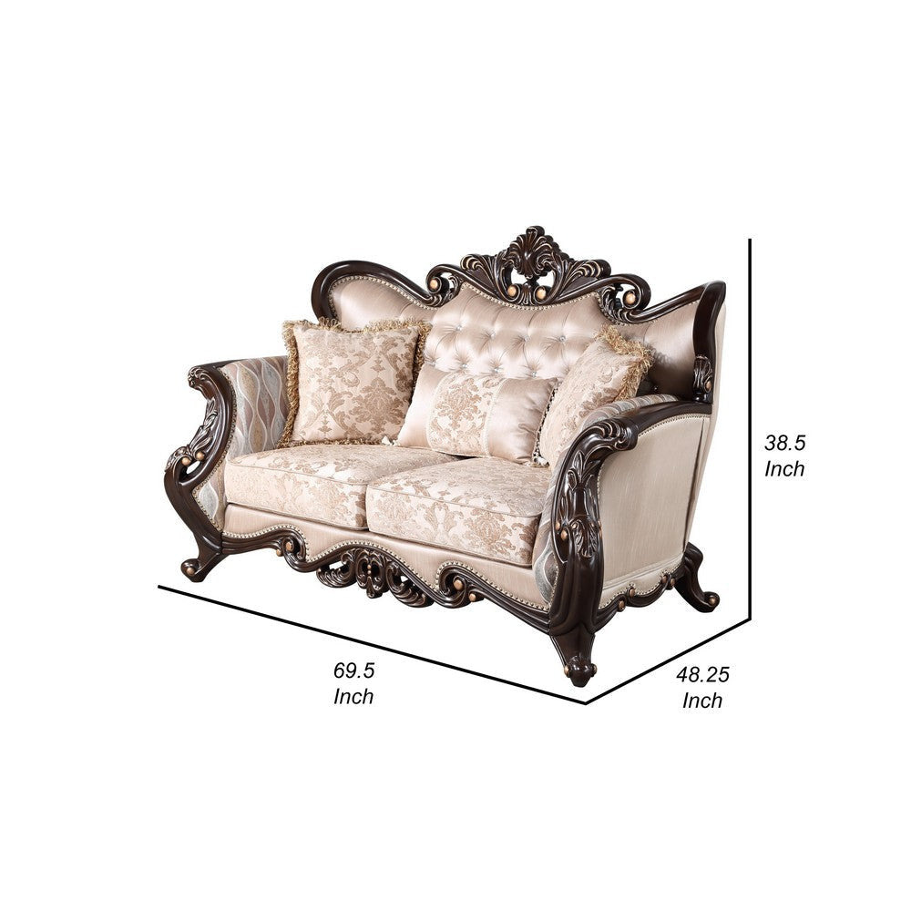 Cona 70 Inch Loveseat Gold Carved Details Brown Button Tufted Beige By Casagear Home BM316471