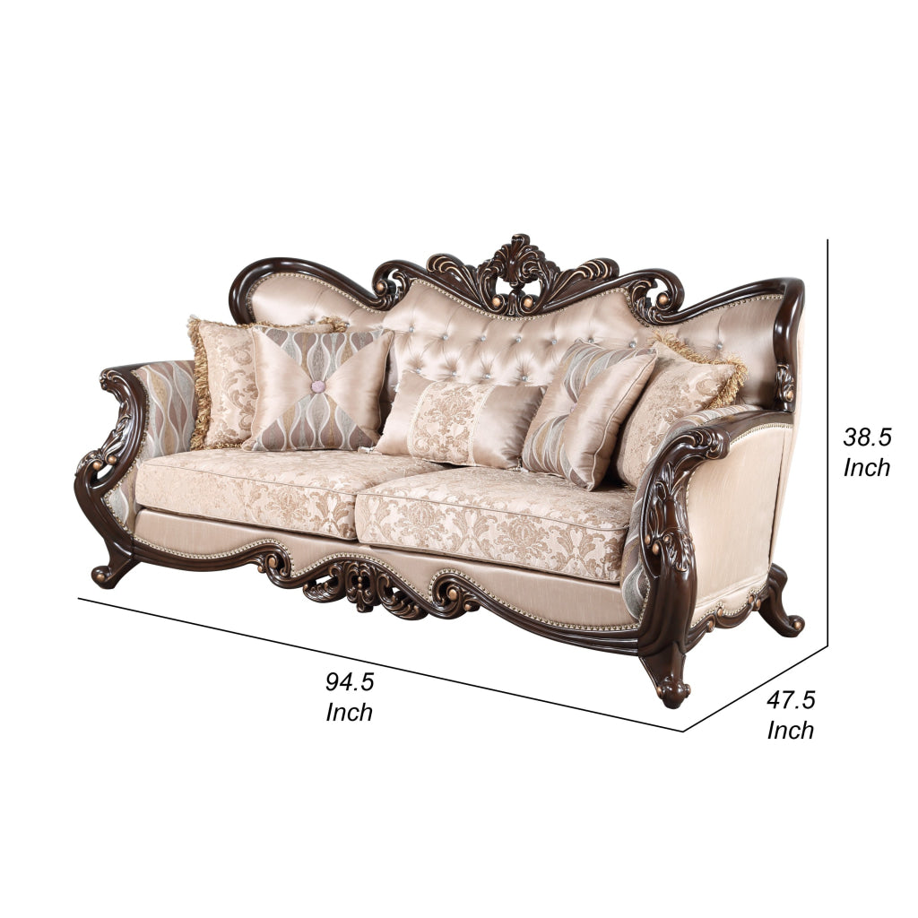 Cona 95 Inch Sofa Classic Gold Carved Details Brown Button Tufted Beige By Casagear Home BM316472