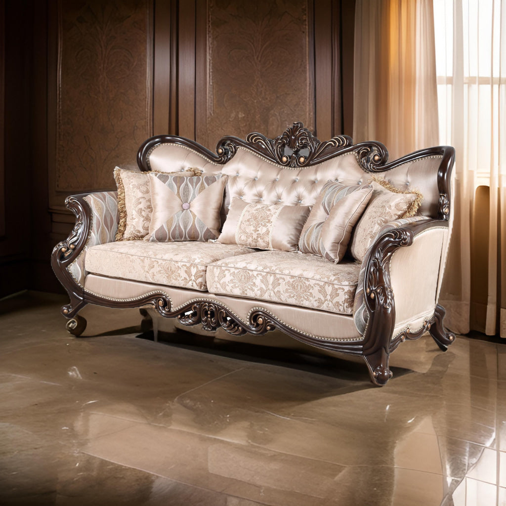 Cona 95 Inch Sofa Classic Gold Carved Details Brown Button Tufted Beige By Casagear Home BM316472