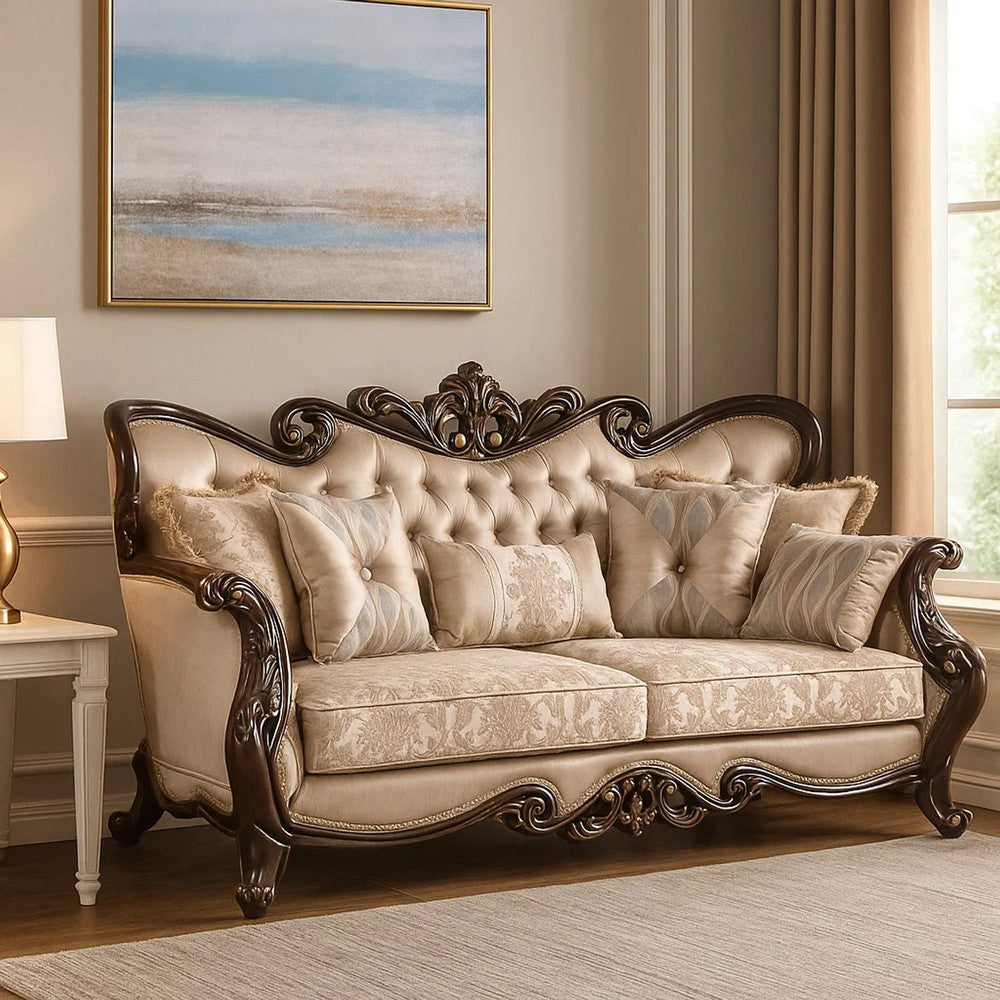 Cona 95 Inch Sofa, Classic Gold Carved Details, Brown, Button Tufted Beige By Casagear Home