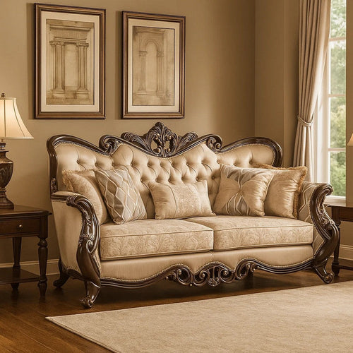 Cona 95 Inch Sofa, Classic Gold Carved Details, Brown, Button Tufted Beige By Casagear Home