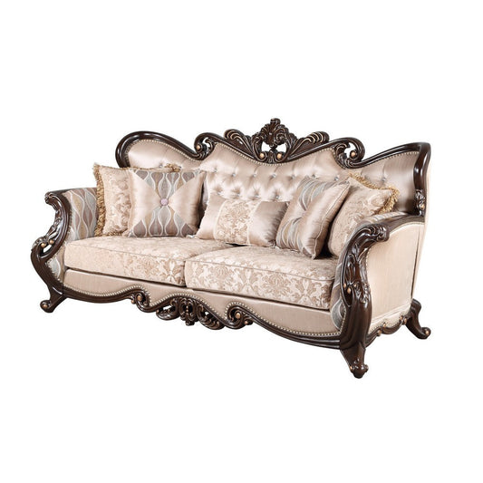 Cona 95 Inch Sofa, Classic Gold Carved Details, Brown, Button Tufted Beige By Casagear Home